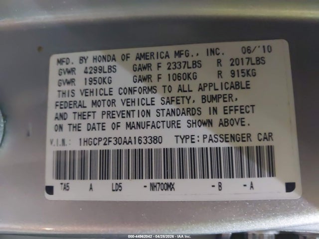44962042 :رقم المزاد ، 1HGCP2F30AA163380 vin ، 2010 Honda Accord 2.4 Lx مزاد بيع