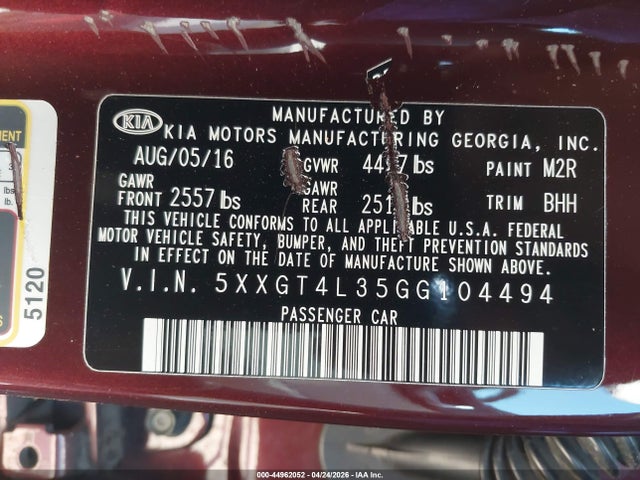 Aukcja sprzedaży 2016 Kia Optima Lx, vin: 5XXGT4L35GG104494, numer aukcji: 44962052