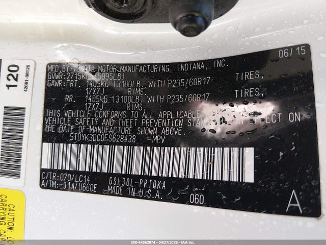 44962074 :رقم المزاد ، 5TDYK3DC0FS628438 vin ، 2015 Toyota Sienna Xle 8 Passenger مزاد بيع