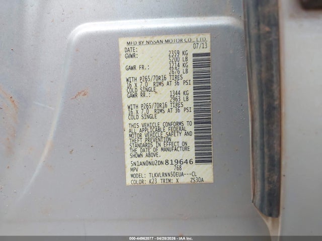 44962077 :رقم المزاد ، 5N1AN0NU2DN819646 vin ، 2013 Nissan Xterra S مزاد بيع