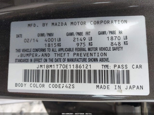 44962081 :رقم المزاد ، JM1BM1T70E1186121 vin ، 2014 Mazda Mazda3 I Sv مزاد بيع