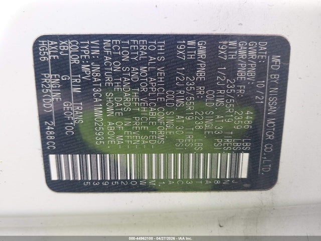 2021 Nissan Rogue Sl Fwd მანქანა იყიდება აუქციონზე, vin: JN8AT3CA1MW025935, აუქციონის ნომერი: 44962100