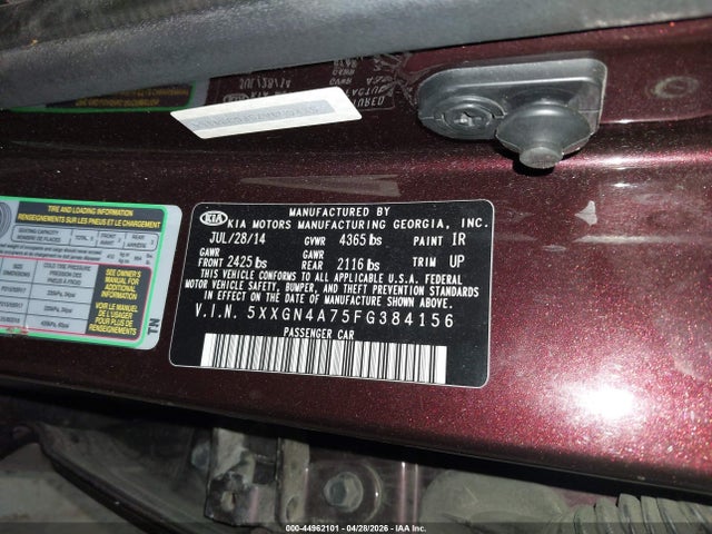 44962101 :رقم المزاد ، 5XXGN4A75FG384156 vin ، 2015 Kia Optima Ex مزاد بيع