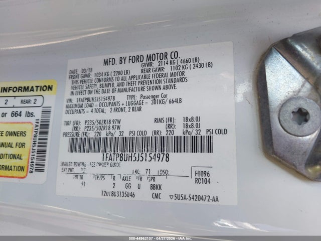 44962107 :رقم المزاد ، 1FATP8UH5J5154978 vin ، 2018 Ford Mustang Ecoboost Premium مزاد بيع