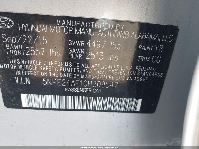 44962109 :رقم المزاد ، 5NPE24AF1GH309547 vin ، 2016 Hyundai Sonata Se مزاد بيع