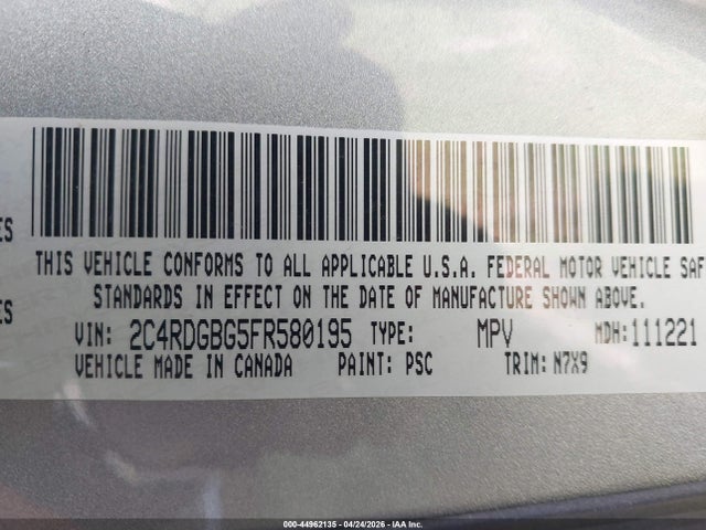 2015 Dodge Grand Caravan Se მანქანა იყიდება აუქციონზე, vin: 2C4RDGBG5FR580195, აუქციონის ნომერი: 44962135