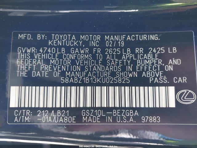 44962136 :رقم المزاد ، 58ABZ1B13KU025825 vin ، 2019 Lexus Es 350 Luxury مزاد بيع