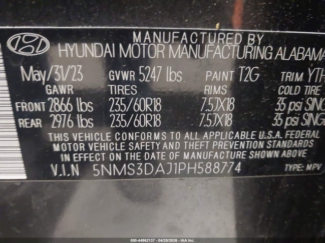 Aukcja sprzedaży 2023 Hyundai Santa Fe Sel, vin: 5NMS3DAJ1PH588774, numer aukcji: 44962137