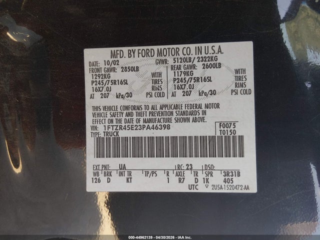 Aukcja sprzedaży 2003 Ford Ranger Edge/xlt, vin: 1FTZR45E23PA46398, numer aukcji: 44962139
