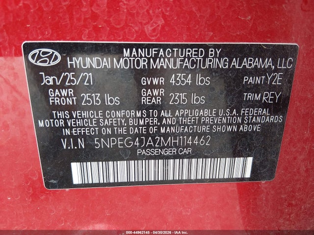44962145 :رقم المزاد ، 5NPEG4JA2MH114462 vin ، 2021 Hyundai Sonata Se مزاد بيع