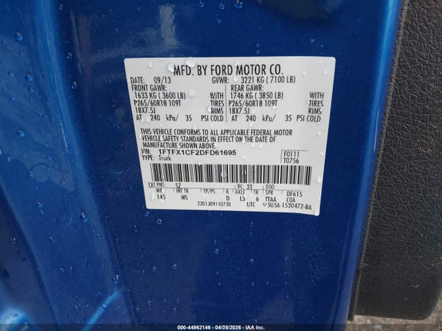 44962146 :رقم المزاد ، 1FTFX1CF2DFD61695 vin ، 2013 Ford F-150 Xlt مزاد بيع