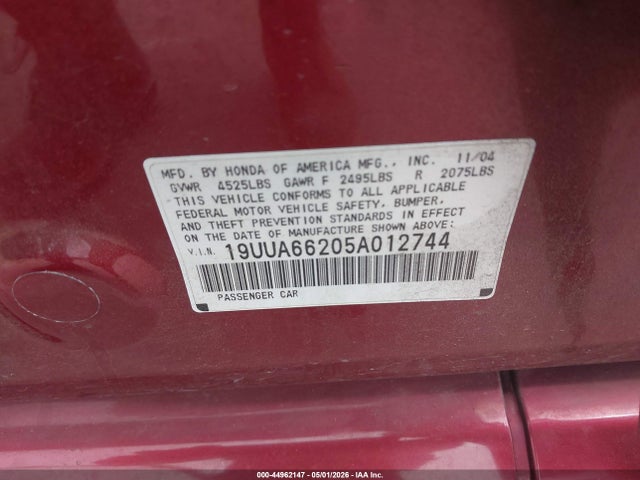Aukcja sprzedaży 2005 Acura Tl, vin: 19UUA66205A012744, numer aukcji: 44962147