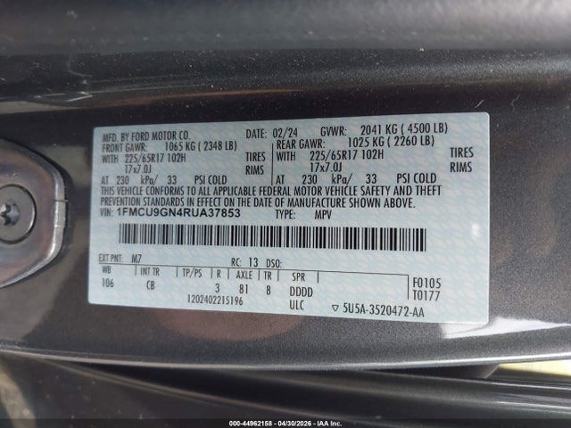 Продажа на аукционе авто 2024 Ford Escape Active, vin: 1FMCU9GN4RUA37853, номер лота: 44962158