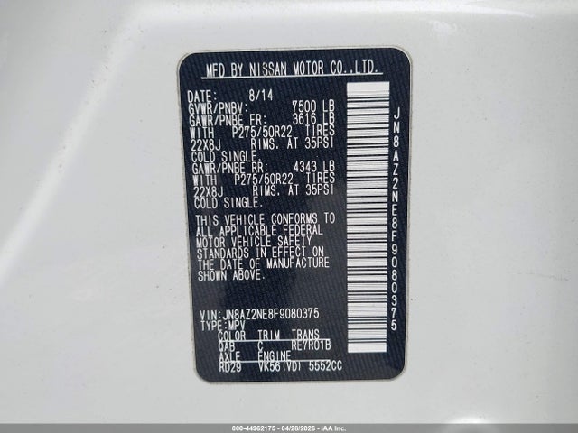 Aukcja sprzedaży 2015 Infiniti Qx80, vin: JN8AZ2NE8F9080375, numer aukcji: 44962175