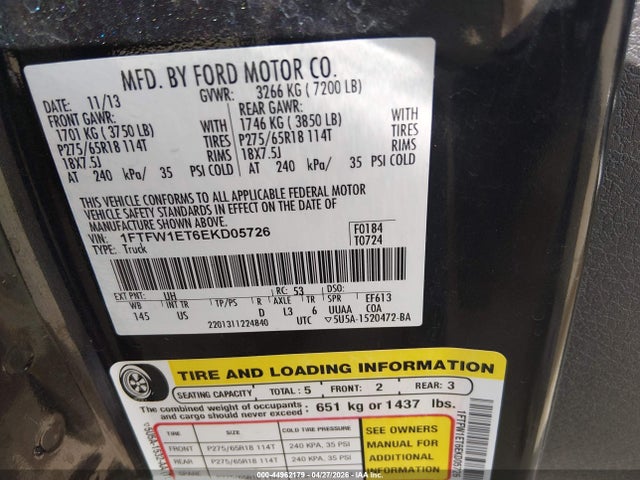 Продаж на аукціоні авто 2014 Ford F-150 Xlt, vin: 1FTFW1ET6EKD05726, номер лоту: 44962179