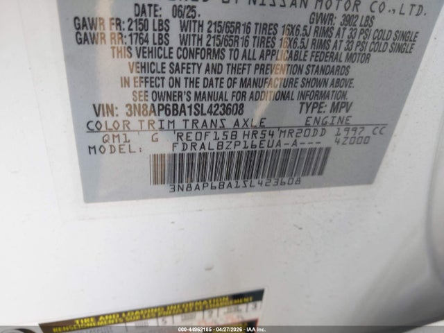 3N8AP6BA1SL423608 Nissan Kicks S Fwd