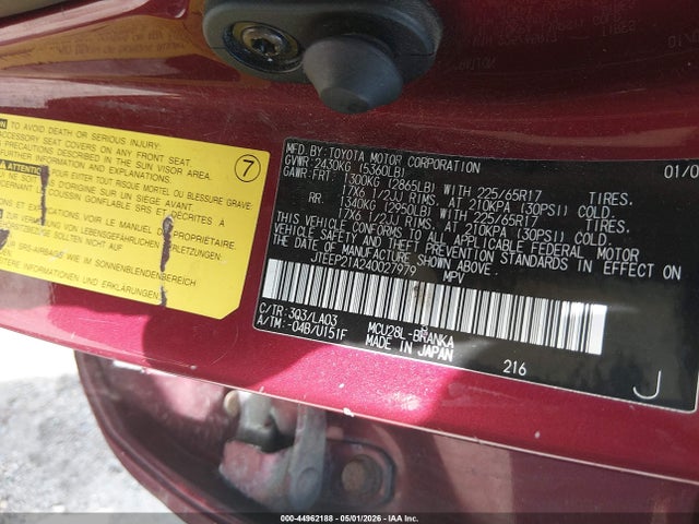 Aukcja sprzedaży 2004 Toyota Highlander Limited V6, vin: JTEEP21A240027979, numer aukcji: 44962188