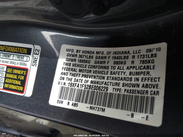 Продажа на аукционе авто 2011 Honda Civic Lx, vin: 19XFA1F52BE006229, номер лота: 44962196