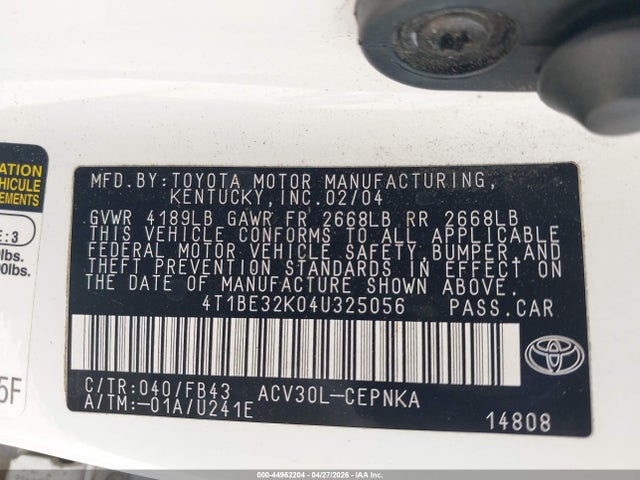 Aukcja sprzedaży 2004 Toyota Camry Le, vin: 4T1BE32K04U325056, numer aukcji: 44962204