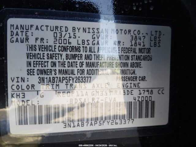 Aukcja sprzedaży 2015 Nissan Sentra Sr, vin: 3N1AB7AP5FY263377, numer aukcji: 44962208