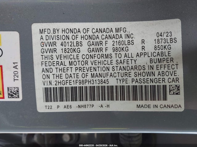 Продаж на аукціоні авто 2023 Honda Civic Touring, vin: 2HGFE1F98PH313845, номер лоту: 44962220