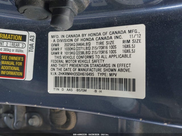Продаж на аукціоні авто 2013 Honda Cr-v Lx, vin: 2HKRM4H35DH616495, номер лоту: 44962226