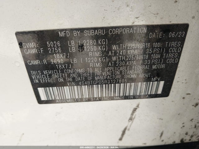 4S4BTGPD5R3127805 Subaru Outback Touring Xt