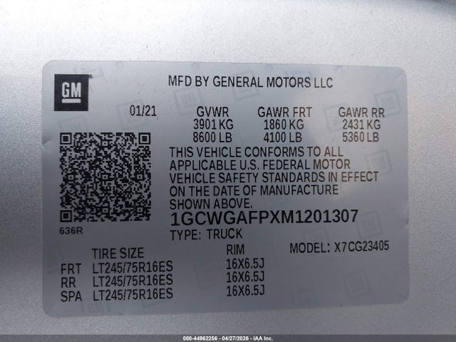 1GCWGAFPXM1201307 Chevrolet Express Cargo Rwd 2500 Regular Wheelbase Wt
