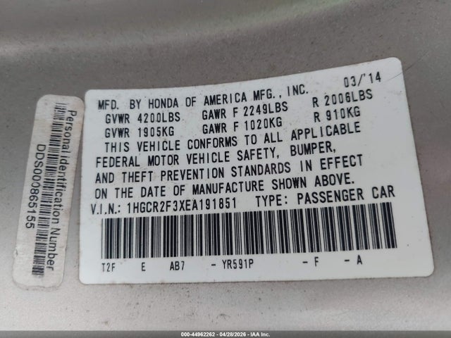 2014 Honda Accord Lx მანქანა იყიდება აუქციონზე, vin: 1HGCR2F3XEA191851, აუქციონის ნომერი: 44962262
