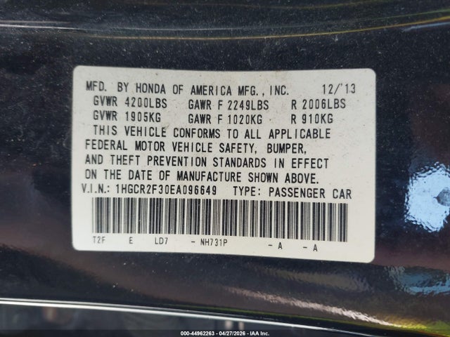 Aukcja sprzedaży 2014 Honda Accord Lx, vin: 1HGCR2F30EA096649, numer aukcji: 44962263