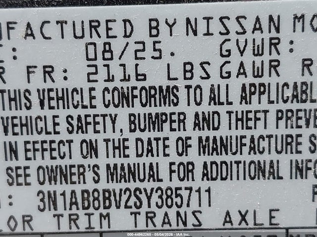 2025 Nissan Sentra S მანქანა იყიდება აუქციონზე, vin: 3N1AB8BV2SY385711, აუქციონის ნომერი: 44962265