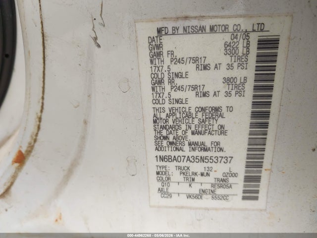 Aukcja sprzedaży 2005 Nissan Titan Xe, vin: 1N6BA07A35N553737, numer aukcji: 44962268