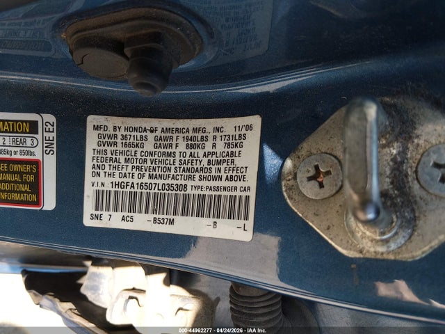 44962277 :رقم المزاد ، 1HGFA16507L035308 vin ، 2007 Honda Civic Lx مزاد بيع