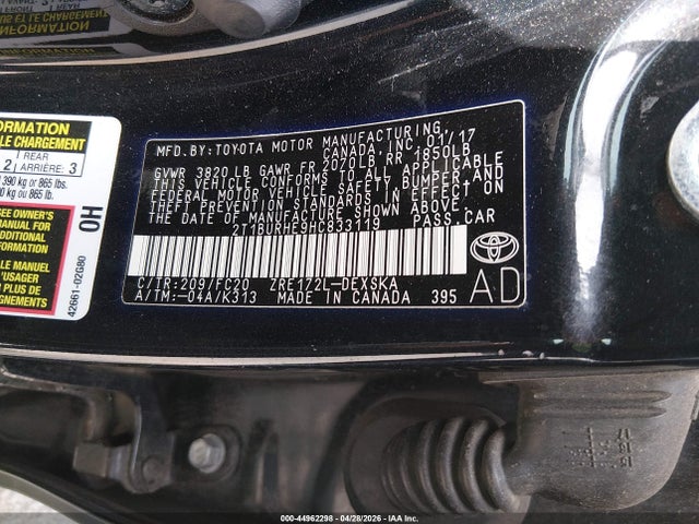 Aukcja sprzedaży 2017 Toyota Corolla Se, vin: 2T1BURHE9HC833119, numer aukcji: 44962298