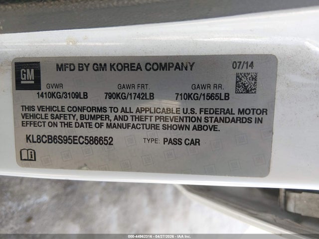 Aukcja sprzedaży 2014 Chevrolet Spark Ls Auto, vin: KL8CB6S95EC586652, numer aukcji: 44962316