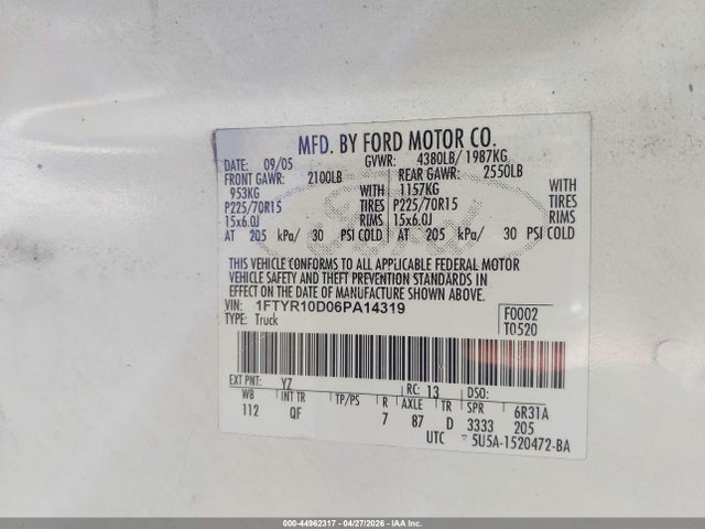 44962317 :رقم المزاد ، 1FTYR10D06PA14319 vin ، 2006 Ford Ranger Xl/xlt مزاد بيع