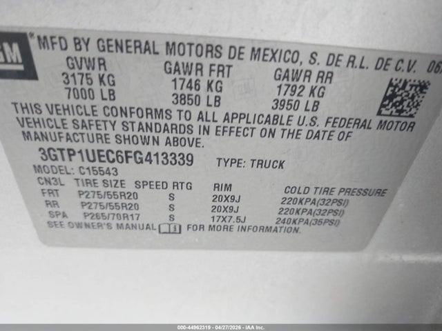 44962319 :رقم المزاد ، 3GTP1UEC6FG413339 vin ، 2015 Gmc Sierra 1500 Sle مزاد بيع