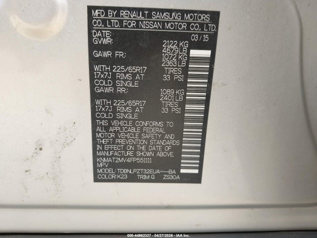Aukcja sprzedaży 2015 Nissan Rogue S/sl/sv, vin: KNMAT2MV4FP551111, numer aukcji: 44962327