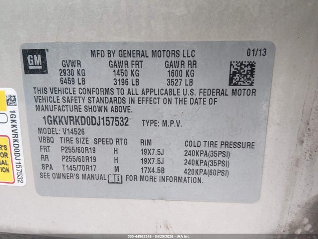 Aukcja sprzedaży 2013 Gmc Acadia Slt-1, vin: 1GKKVRKD0DJ157532, numer aukcji: 44962346