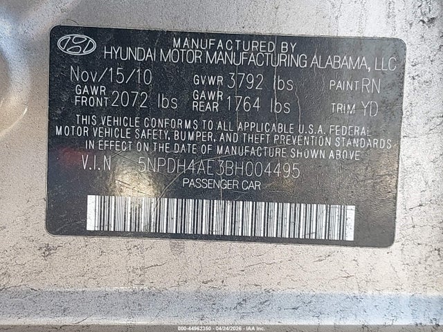 44962350 :رقم المزاد ، 5NPDH4AE3BH004495 vin ، 2011 Hyundai Elantra Limited مزاد بيع