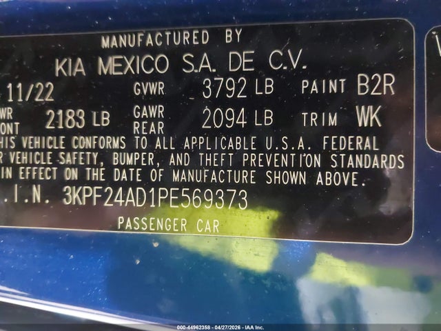 2023 Kia Forte Lxs მანქანა იყიდება აუქციონზე, vin: 3KPF24AD1PE569373, აუქციონის ნომერი: 44962358