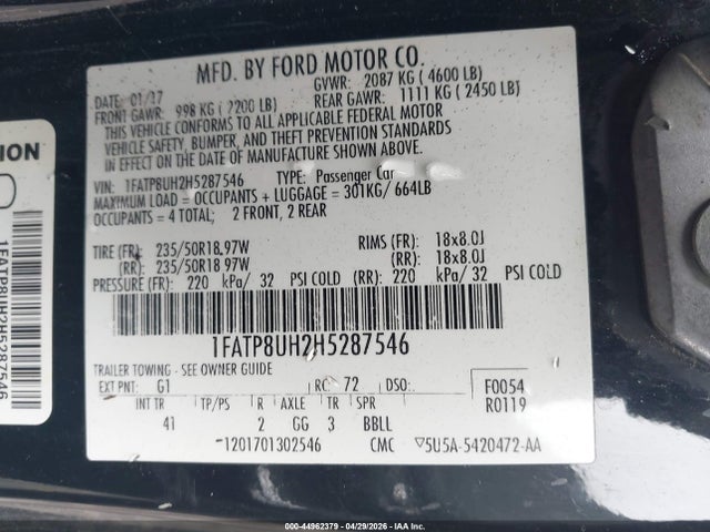 44962379 :رقم المزاد ، 1FATP8UH2H5287546 vin ، 2017 Ford Mustang Ecoboost Premium مزاد بيع