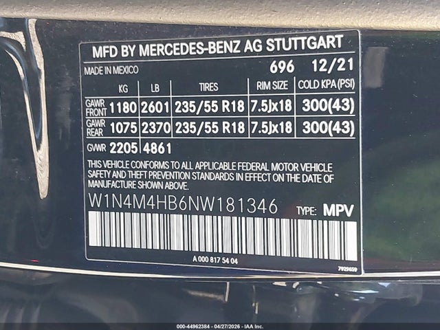 Aukcja sprzedaży 2022 Mercedes-benz Glb 250 4matic, vin: W1N4M4HB6NW181346, numer aukcji: 44962384
