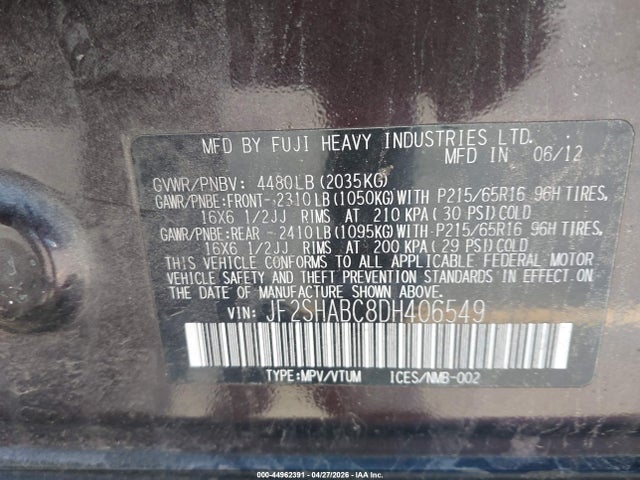 2013 Subaru Forester 2.5x მანქანა იყიდება აუქციონზე, vin: JF2SHABC8DH406549, აუქციონის ნომერი: 44962391
