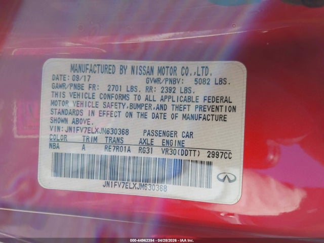 44962394 :رقم المزاد ، JN1FV7ELXJM630368 vin ، 2018 Infiniti Q60 3.0t Red Sport 400 مزاد بيع