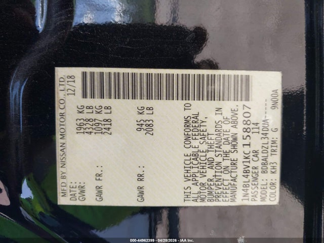 2019 Nissan Altima 2.5 S მანქანა იყიდება აუქციონზე, vin: 1N4BL4BV1KC158807, აუქციონის ნომერი: 44962399