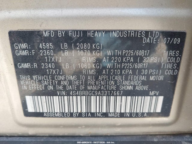 44962410 :رقم المزاد ، 4S4BRBGC9A3317667 vin ، 2010 Subaru Outback 2.5i Premium مزاد بيع