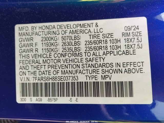 2025 Honda Cr-v Hybrid Sport-l მანქანა იყიდება აუქციონზე, vin: 7FARS6H88SE037353, აუქციონის ნომერი: 44962416