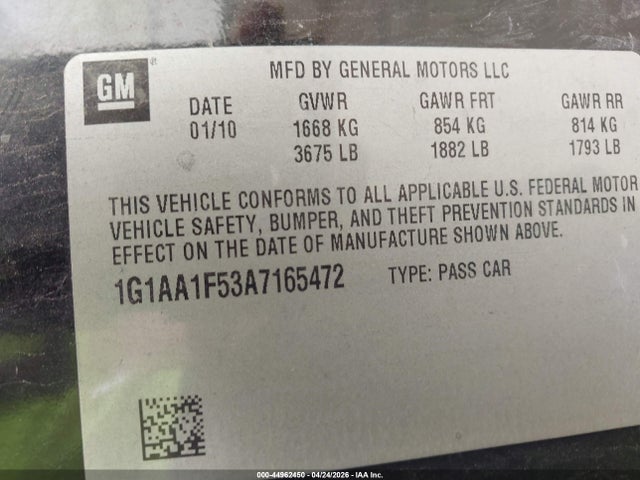 Aukcja sprzedaży 2010 Chevrolet Cobalt Ls, vin: 1G1AA1F53A7165472, numer aukcji: 44962450