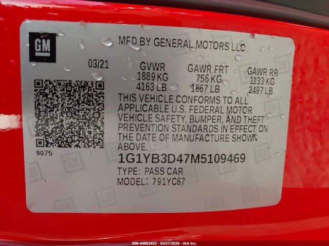 Продажа на аукционе авто 2021 Chevrolet Corvette Stingray Rwd  2lt, vin: 1G1YB3D47M5109469, номер лота: 44962452